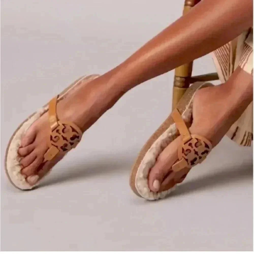 Tory Burch Miller Sandals Size 10.5 Leather Cloud Shearling Neutral Box Dust Bag